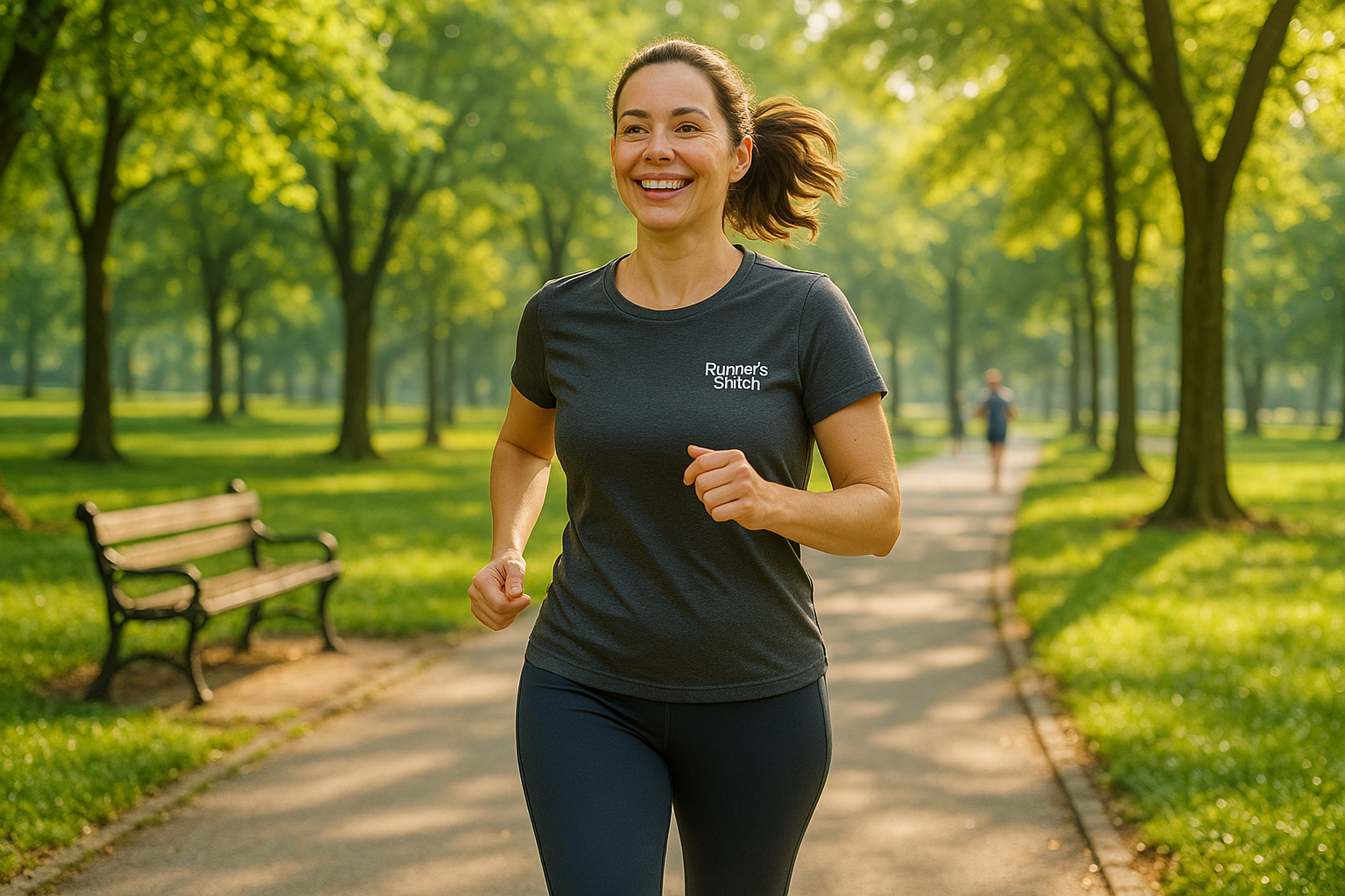 A mom in one of my shirts going for a jog around a park
